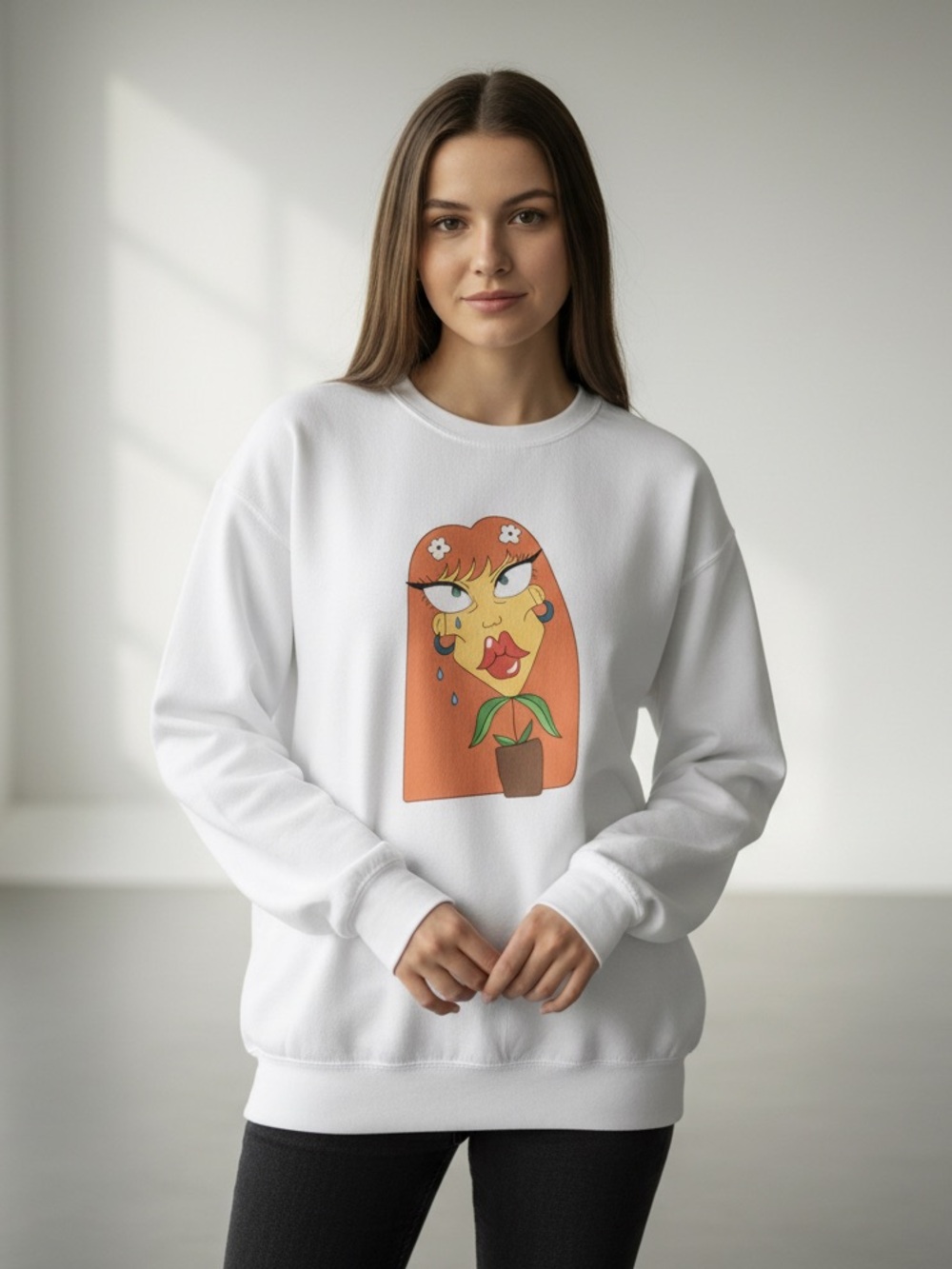 White Graphic Sweatshirt with Orange Floral Illustration